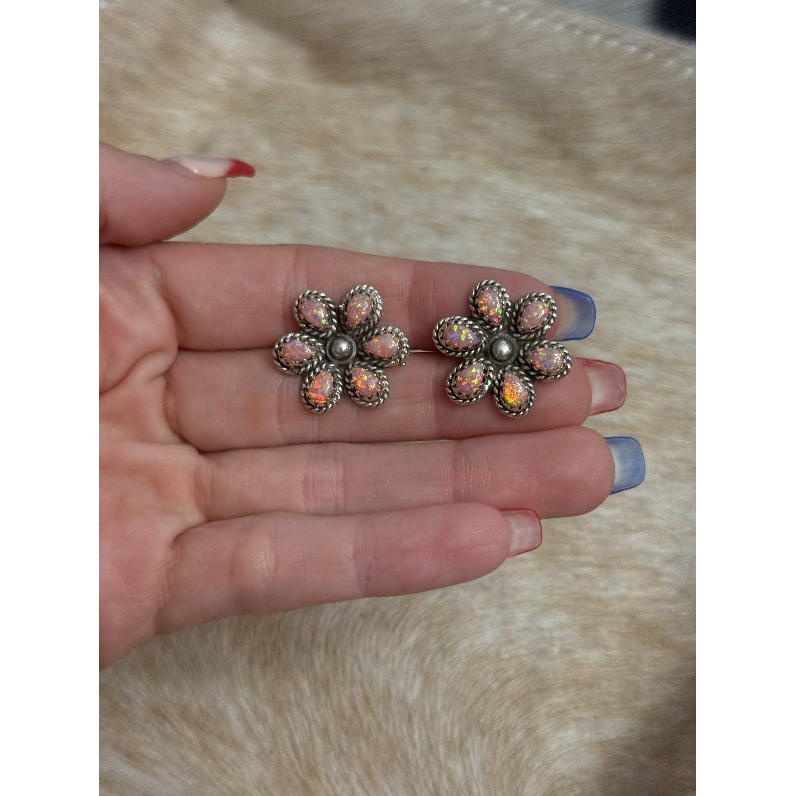 Native American Sterling Silver Pink Fire Opal Flower Cluster Post Stud Earrings 125$